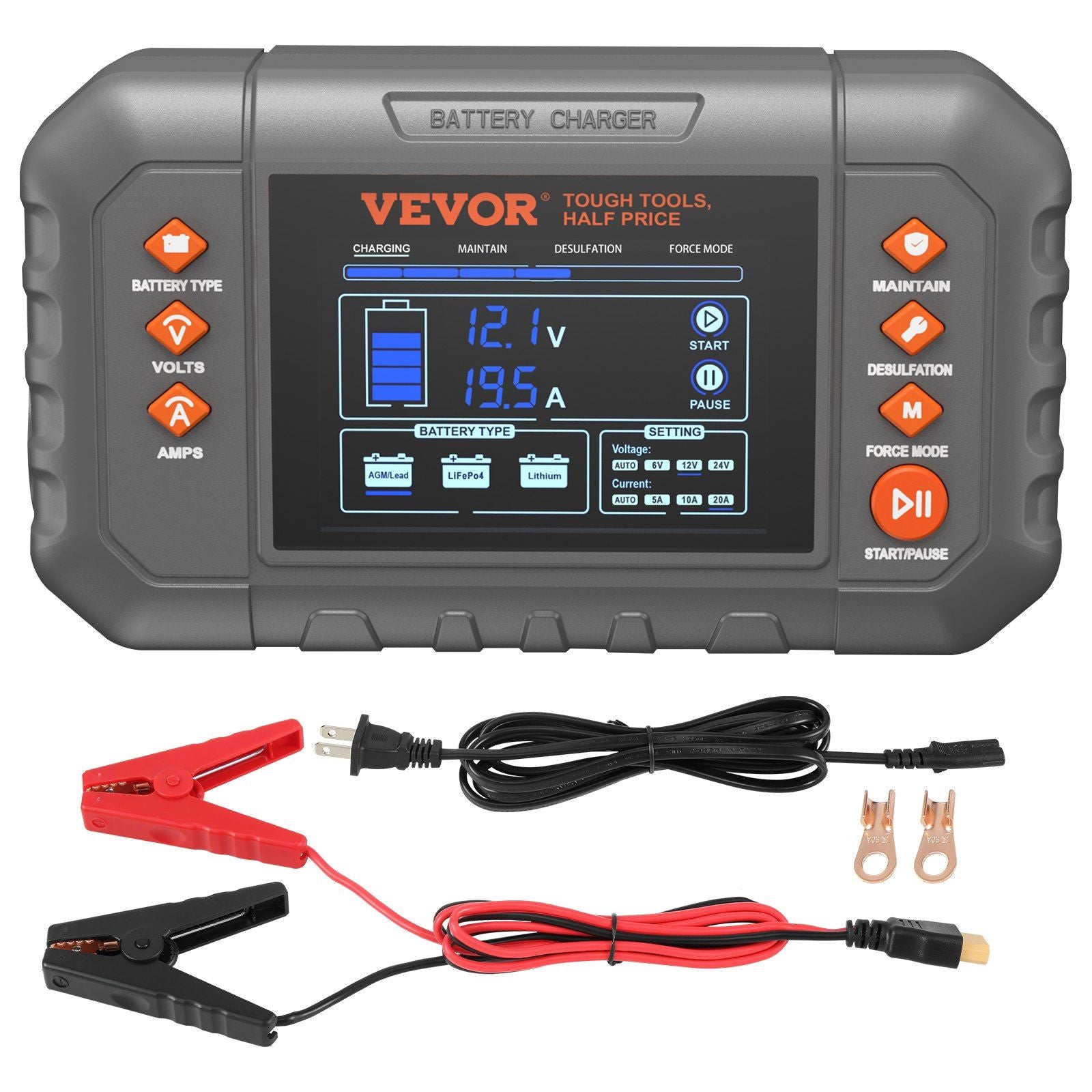 VEVOR Smart Battery Charger, 20-Amp, Lithium LiFePO4 Lead-Acid (AGM / Gel / SLA) Car Battery Charger with LCD Display, Trickle Charger Maintainer Desulfator for Boat Motorcycle Lawn Mower Deep Cycle - JM Variety Store
